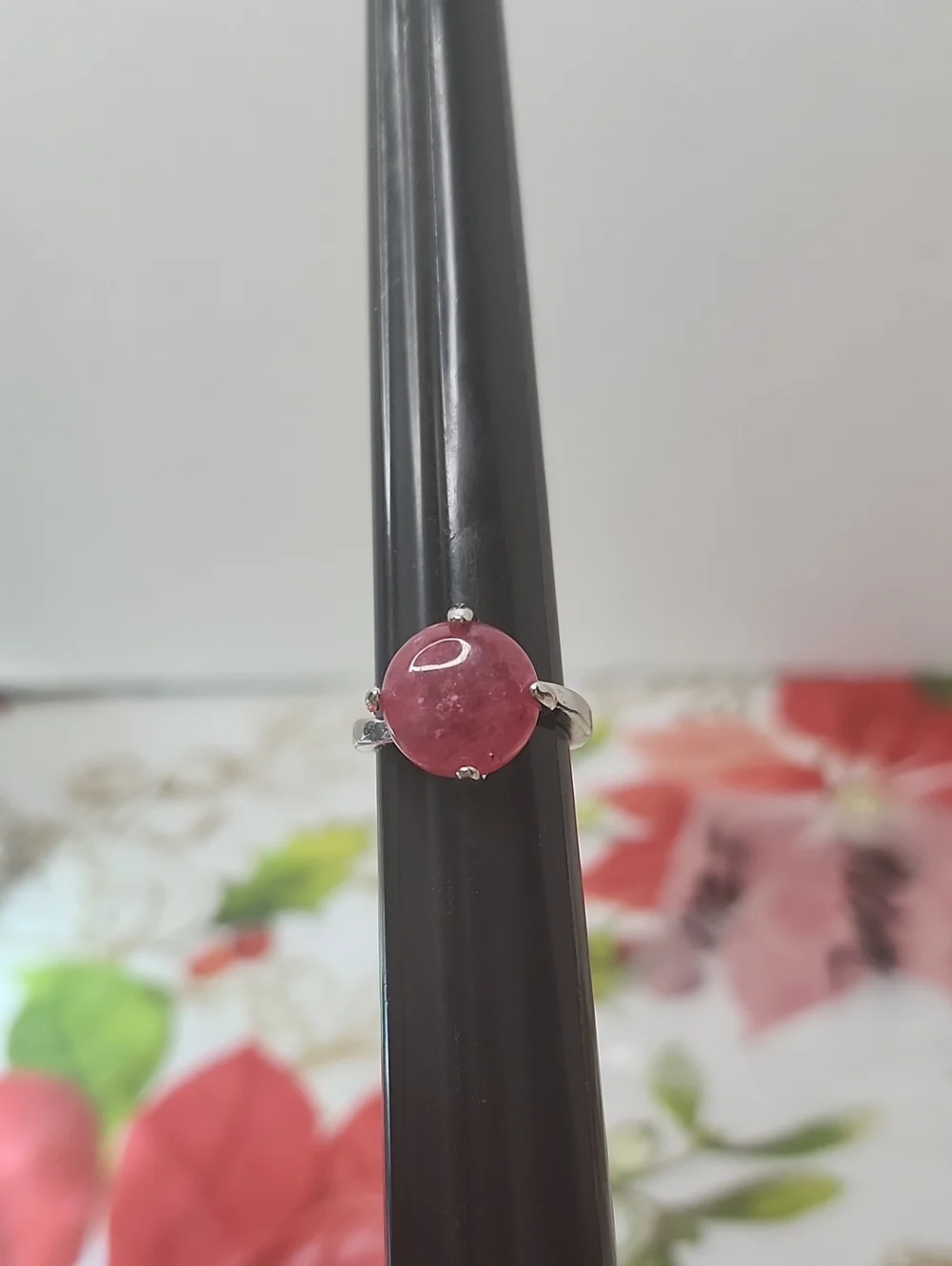 Pink Cabochon Ring in Silver-Style Setting